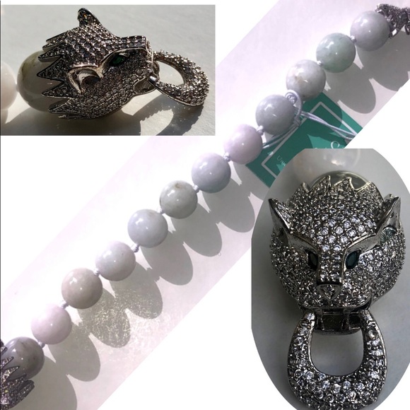 BURMESE JADE•CRYSTAL JAGUAR BEADED BRACELET - Picture 3 of 4